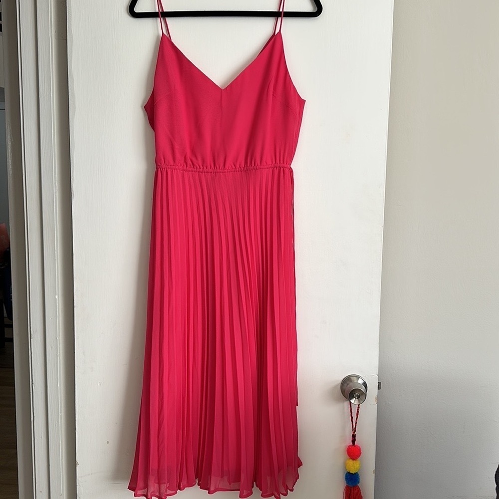 ASOS pleated midi dress with drawstring in hot pink